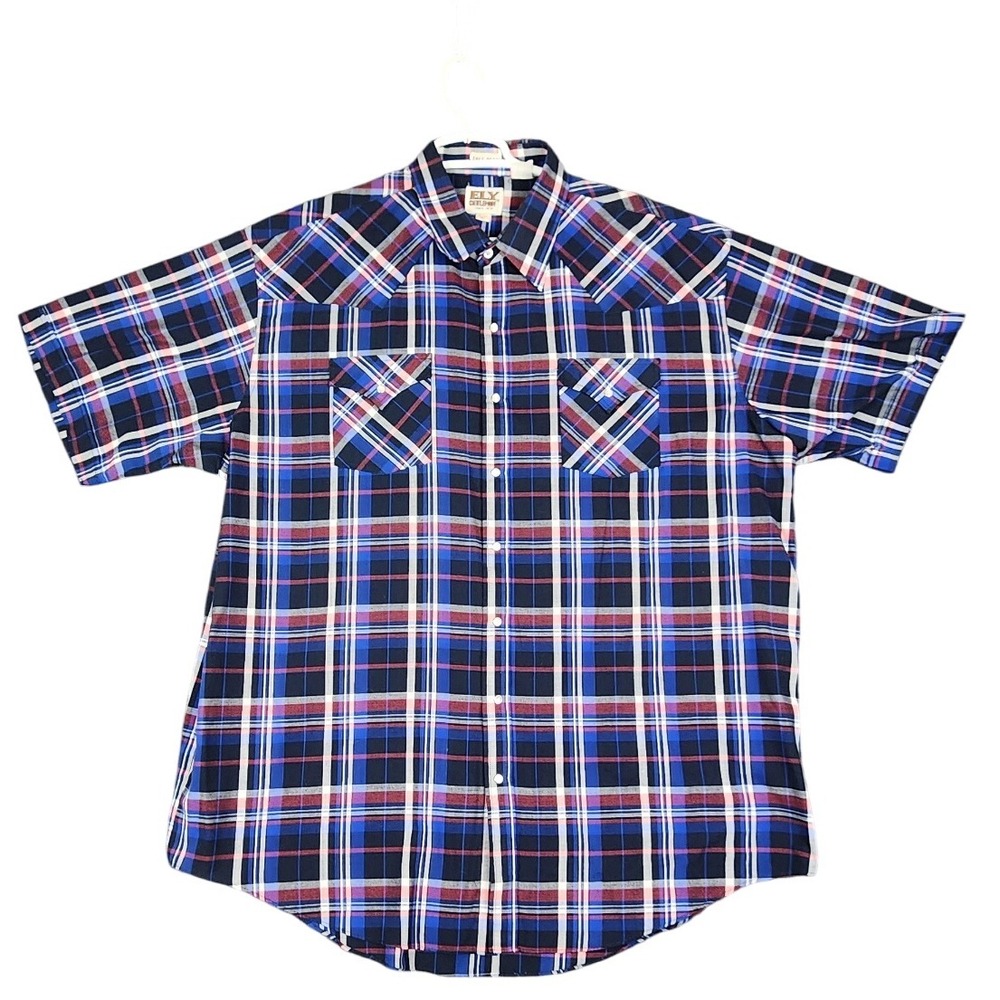 ELY Cattleman 2XL Tall Western Plaid Short Sleeve Pearl Snap Shirt